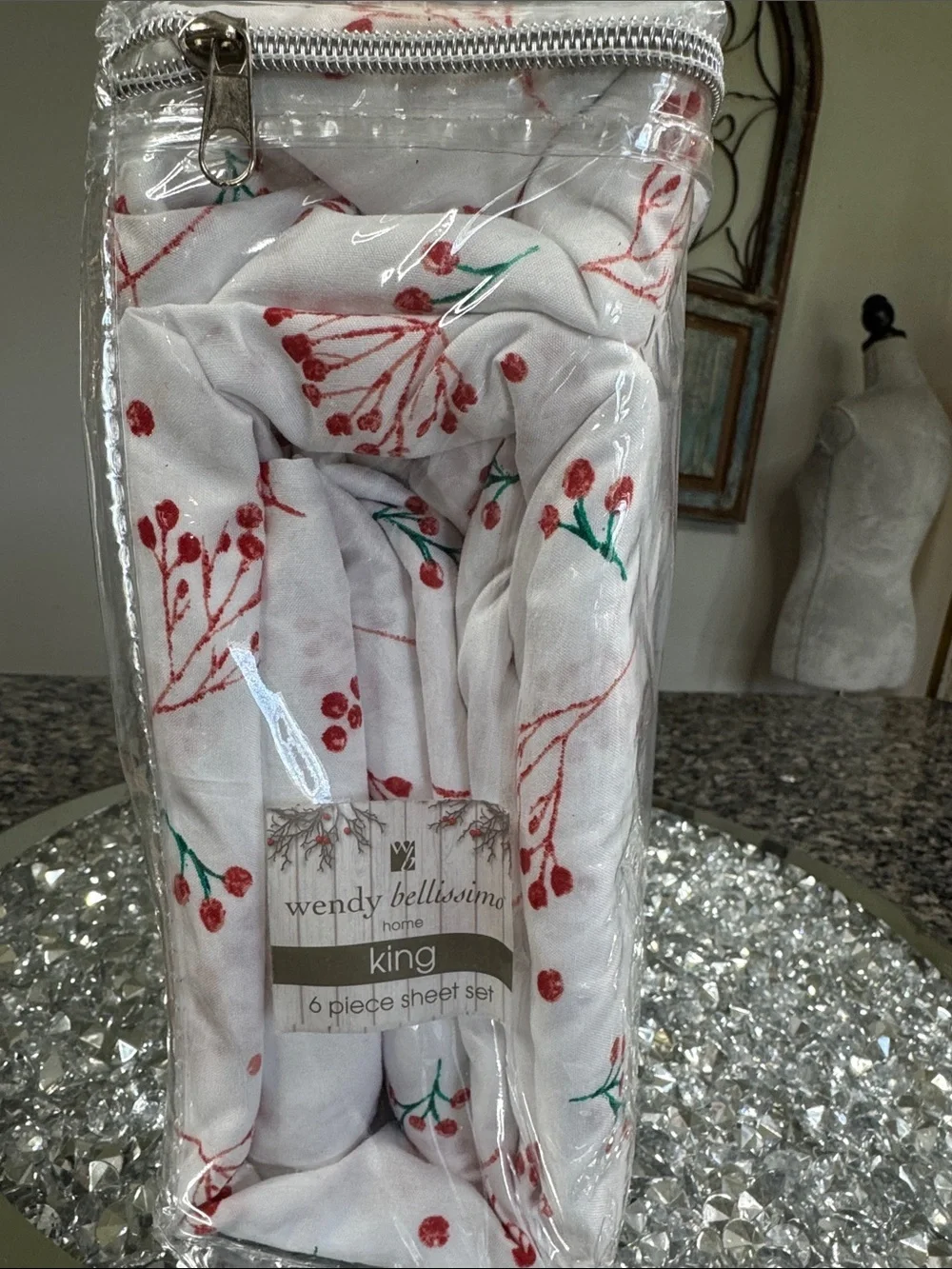 Wendy Bellissimo White Sheet Set with Red & Green Berry Sprig Print NEW